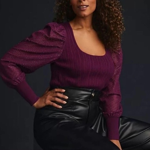 Anthropologie Sweater Top -M Plum Shimmer Ribbed Square Neck Puff Sleeves G-16 - Picture 2 of 8